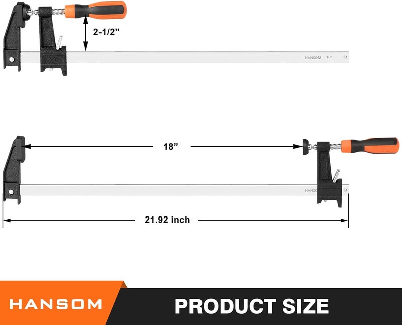 HANSOM 4-Pack 18 inch Bar Clamps,Long Wood Clamps Heavy Duty Force 600 Lbs Adjustable and Release Quickly,Woodworking Clamps Throat Depth 2.5 inch with Plastic Handle - Image 2